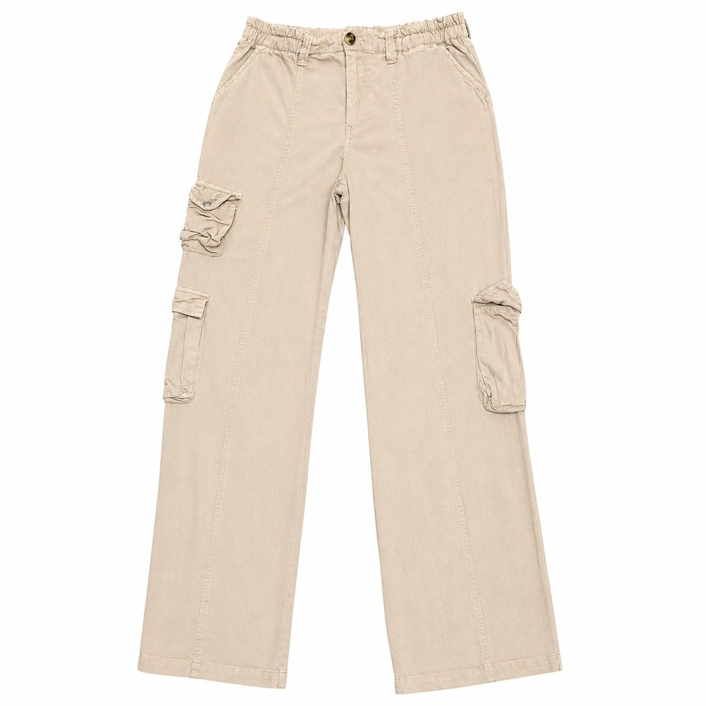 Love Tree Tan Linen Blend Cargo Pants Wide‎ Leg Elastic Waist Womens M 6884PH